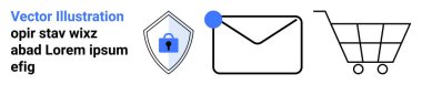 Güvenlik kalkanı, e-posta ve uyarı noktası, alışveriş arabası. Siber güvenlik, e-posta, alışveriş, tebligatlar, e-ticaret, dijital iletişim düz iniş sayfası afişi için ideal