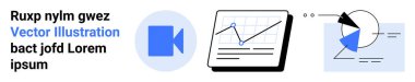 Video kamera ikonu, tablet üzerinde çizgi grafiği ve geometrik pasta grafiği. Teknoloji, pazarlama, istatistik, iş büyümesi, analiz, eğitim multimedya sade iniş sayfası için ideal