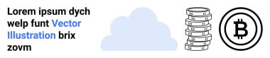 Yığınla bozuk para ve bulut grafikli Bitcoin logosu kripto para, engelleme zinciri ve dijital ekonomiyi vurguluyor. Fintech, online hizmet, bulut hesaplama, yatırım, ticaret, pazarlama için ideal