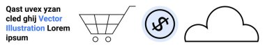 Alışveriş arabası, daire şeklinde dolar işareti ve bulut grafiği. E-ticaret, finans, alışveriş, dijital ödeme, veri depolama, çevrimiçi hizmetler ve basit iniş sayfası için ideal