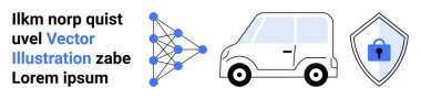 Sinirsel ağ şeması, kompakt araba ve kilit kalkanı yapay zekayı, ulaşımı ve veri güvenliğini sembolize ediyor. Teknolojik yenilik için ideal, otonom araçlar, yapay zeka güvenliği, makine öğrenme gelecekteki hareketlilik