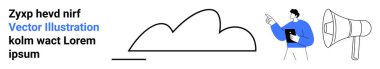Yanında megafonla bulut şeklini gösteren bir pano tutan bir adam. İletişim için ideal, bulut hesaplama, takım çalışması, sunum, duyuru, eğitim, basit iniş sayfası