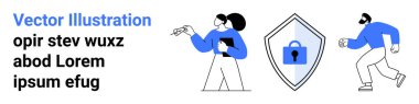 İşbirliği yapan iki karakter, siber güvenliği simgeleyen kilit sembollü kalkan, hareket halindeki başka bir karakter. Takım çalışması, teknoloji, güvenlik, koruma, dijital yenilik ve işbirliği için ideal