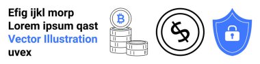 Bitcoin üst üste yığılmış madeni paralar, dolar para ikonu ve asma kilit şifreleme ve finansal güvenlikli kalkan. Finans, engelleme zinciri, yatırım, teknoloji, dijital güvenlik ve fintech için ideal
