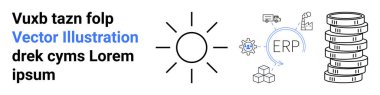 Güneş, bozuk para yığınları, ERP sistem şeması ve lojistik simgeler. Enerji tasarrufu, finans, iş süreci, teknoloji, lojistik yenilenebilir kaynaklar için ideal basit iniş sayfası