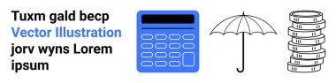 Hesap makinesi, şemsiye, para yığını finans, bütçe, tasarruf, yatırım, risk yönetimi, sigorta ve ekonomik güvenliği sembolize ediyor. Finans danışma uygulamaları ve basit iniş sayfaları için ideal
