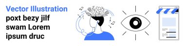 Müzik notaları ve fikirleri olan bir kişinin profili, merkezi bir göz sembolü ve minimum online arayüzü. Yaratıcılık, yenilik, vizyon, odaklanma, tasarım, teknoloji ve basit bir iniş sayfası için ideal