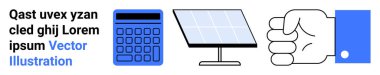 Hesap makinesi, güneş paneli, yumruk şeklinde bir el. Teknoloji için ideal, yenilenebilir enerji, eylem, yenilik, problem çözme, güçlendirme basit iniş sayfası