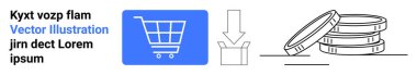 Alışveriş arabası ikonu, aşağı doğru ok ve sikke konsepti çevrimiçi alışverişleri, işlemleri, tasarrufları ve dijital ticareti vurguluyor. Perakende, e-ticaret, yatırım finans satışları ve basit