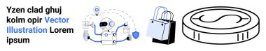 Robot satın alma verilerini analiz ediyor, alışveriş torbaları e-ticareti sembolize ediyor, dijital para güvenli çevrimiçi işlemleri temsil ediyor. Çevrimiçi alışveriş, finansal teknoloji, yapay zeka, siber güvenlik için ideal