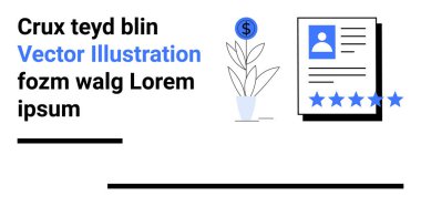 Avatar ve yıldız reytingli profil kartı, bozuk paralı saksı bitkisi ve soyut metin düzeni. İş, finans, profil, büyüme, değerlendirmeler, derecelendirme için ideal