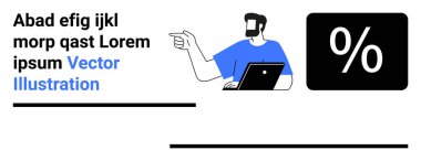 Dizüstü bilgisayarda çalışırken sakallı bir adam yüzde simgesini vurguluyor. İş, finans, pazarlama, indirim, e-ticaret tanıtımı, veri analizi, düz iniş sayfası afişi için ideal