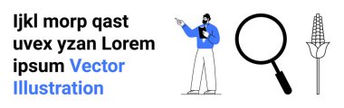 Erkek profesyonel büyüteç ve mısır bitkisinin yanına bir nokta koyuyor. Araştırma, bilim, tarım, sunumlar, eğitim, analiz kavramları için ideal, basit iniş sayfası