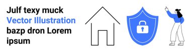 Ev çizgisi, kilit simgesi olan kalkan, günlük kıyafetlerle yukarı bakan kişi. Güvenlik, ev güvenliği, koruma, teknolojik çözümler, veri gizliliği, ağ güvenliği basit iniş sayfası için ideal