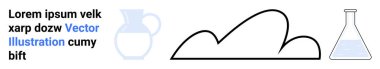 Siyah çizgili bulut şekli, silik sürahi silueti ve sıvı içeren bilim şişesi. Eğitim, bilim, hava durumu, asgari tasarım, çevre, teknoloji için ideal basit iniş sayfası
