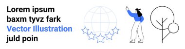 Yukarıyı gösteren bir kadın, yıldızlı soyut bir küre, asgari ağaç çizimi. Takım çalışması, başarı, küresel ulaşım, eğitim, tasarım için ideal, basit iniş sayfası