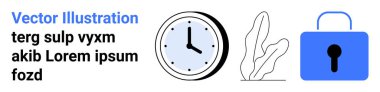 Zamanı gösteren saat, büyümeyi simgeleyen soyut bitki ve güvenliği simgeleyen asma kilit. Üretkenlik, güvenlik, zaman yönetimi, büyüme, planlama, dijital güvenlik basit iniş sayfası için ideal