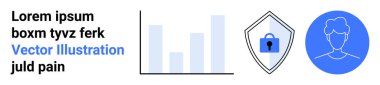 Grafik çizelgesi, kilitli güvenlik kalkanı, mavi daireli kullanıcı avatarı. Gizlilik, siber güvenlik, veri koruması, çevrimiçi güvenlik, analitik, kimlik doğrulama düz iniş sayfası afişi için ideal