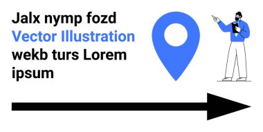 Mavi gömlekli bir iş adamı, koyu okla mavi konum işaretini işaret ediyor. Navigasyon, yön, planlama, strateji, lojistik, iş akışı, pazarlama, basit iniş sayfası için ideal