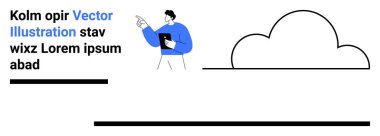 Ofis çalışanı elinde not panosuyla işaretlenmiş metni işaret ediyor, bulut grafikli ve yatay çizgilerle. Eğitim, takım çalışması, rapor, iş, organizasyon, basit iniş planları için ideal