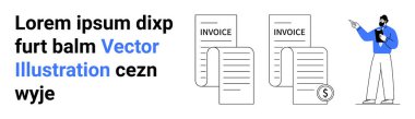 İki fatura belgesi, yanında da elinde bir pano olan profesyonel bir adam var. Finans, muhasebe, fatura, fatura, iş hizmetleri, şirket için ideal