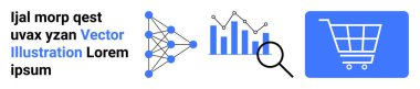 Sinirsel ağ şeması, büyüteçli bar çizelgesi, alışveriş arabası ikonu. Veri bilimi, yapay zeka, analitik, perakende, e-ticaret, pazarlama teknolojisi için ideal. Basit iniş sayfaları