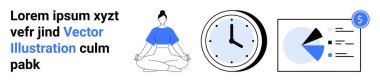 Kadın meditasyonu, zaman yönetimini temsil eden saat ve verimliliği, farkındalığı ve hedef belirlemeyi tasvir eden finansal analitik. Sağlık, zaman verimliliği, işyeri verimliliği için ideal