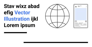 Küresel ulaşımı sembolize eden küresel simge, sosyal ağlar için minimum akıllı telefon uygulaması UI, cesur tipografi. İletişim uygulamaları, teknoloji, küresel içerik, dijital hizmetler, ağ oluşturma ve eğitim için ideal