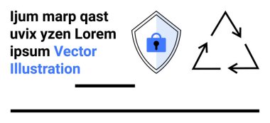 Kilit sembollü kalkan, üçgen geri dönüşüm ikonu ve mavi ve siyah yer tutucu metni. Güvenlik, çevre dostu, sürdürülebilirlik, geri dönüşüm, veri koruması, yeşil teknoloji kullanıcısı için ideal