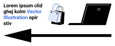 Dizüstü bilgisayarın yanında elinde ok olan alışveriş torbaları. E-ticaret, dijital alışveriş ya da teslimat öneriyor. E-ticaret, dijital pazarlama, lojistik, teknoloji ve iş büyüme alışverişi için ideal
