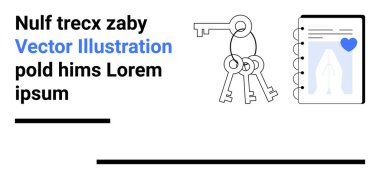 Anahtarlıklar, kalp ikonu olan bir defterin yanında. Güvenlik, organizasyon ve planlama anlamına geliyor. Güvenlik, ortaklık, verimlilik, hedefler, aşk yuvası sade iniş sayfası için ideal
