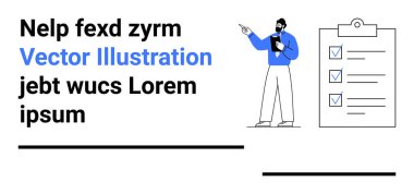 Tableti tutan, kontrol listesi panosunu gösteren bir adam. Kalın ve renkli bir yazı. Proje yönetimi, planlama, iş akışı, görev öncelikleri, eğitim, sunumlar için ideal