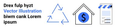 Yeniden kullanımı vurgulayan geri dönüşüm sembolü, bütçe tabelası olan ev, e-ticaret için çevrimiçi mağaza önü. Sürdürülebilirlik, finans, eko-yaşam, dijital ekonomi, alışveriş, eğitim için ideal basit