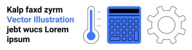 Termometre, hesap makinesi ve mavi beyaz dişli ikonu. Teknoloji, mühendislik, veri analizi, eğitim, iş stratejisi, iş akışı tasarımı için ideal basit iniş sayfası