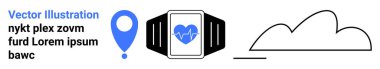 Navigasyon pimi, takılabilir takip cihazı, kalp monitörü ve soyut bulut sembolü. Sağlık teknolojisi, GPS izleme, bulut depolama, fitness uygulamaları, IoT cihazları, veri paylaşımı, basit iniş sayfası için ideal