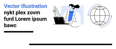 Laptop, oklu dünya ve yer tutucu metin yakınlarındaki veri sunumuna doğru hareket eden kişi. Eğitim, teknoloji, yenilik, takım çalışması, küresel iş, sunumlar için ideal