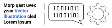 İkili kod, konuşma balonunda, vites simgesi ve yer tutucu metnin yanında. Teknoloji, kodlama, iletişim, yapay zeka, otomasyon, yenilik ve basit iniş sayfası için ideal