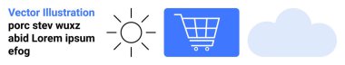 Güneş, alışveriş arabası ve alışveriş, sürdürülebilirlik ve dijital temaları gösteren minimalist tarzda bulut. Çevrimiçi perakende satış, meteoroloji hizmetleri, pazarlama, yenilik bağlantı bulutu için ideal