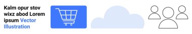 Mavi alışveriş arabası, bulut ve özetlenmiş kullanıcı grubu simgeleri online alışveriş, veri depolama ve kullanıcı ağlarını temsil etmektedir. E-ticaret, bulut hesaplama, dijital işbirliği, kullanıcı etkileşimi için ideal