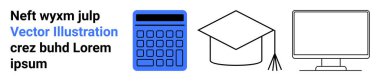 Mavi hesap makinesi, mezuniyet şapkası ve bilgisayar monitörü bir arada. Eğitim, teknoloji, öğrenim, finans, çevrimiçi kurslar, dijital platformlar ve basit iniş sayfaları için ideal