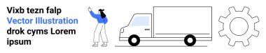 Kadın, teslimat hizmetlerini temsil eden kamyona ve otomasyonu sembolize eden teçhizata el sallıyor. Lojistik, tedarik zinciri, otomasyon, ecommerce, ulaşım, nakliye, basit iniş sayfası için ideal