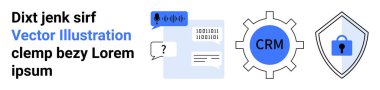 CRM dişli simgesi, kilitli kalkan, konuşma tanıma ve sohbet baloncuğu elemanları. Teknoloji, iletişim, güvenlik, yapay zeka, müşteri yönetimi iş akışı tasarımı dairesi için ideal