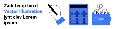 Kalem, hesap makinesi ve cüzdan içeren el yazıları finans, bütçe, muhasebe, para yönetimi, tasarruf, yatırım ve iş mali planlamasını yansıtır. Basit bir iniş için ideal.