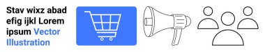Alışveriş arabası e-ticareti, pazarlamayı simgeleyen megafonu ve toplumu temsil eden üç kişiyi vurguluyor. E-ticaret, dijital pazarlama, takım çalışması, iş büyümesi, iletişim için ideal