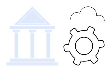 Hükümet silueti, yönetim, dijital dönüşüm, bulut hesaplama, takım çalışması, ilerleme, yenilik ve sistem yönetimini sembolize eden bir bulut ve dişli ana hatlarıyla birlikte inşa ediyor. Düz basit