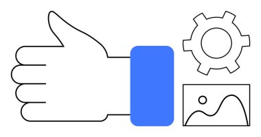 Onaylamayı, işlevselliği, bağlılığı, üretkenliği, yaratıcılığı, basitliği ve evrensel iletişimi temsil eden el hareketi, vites göstergesi ve manzara resmi. Damgalamak için ideal