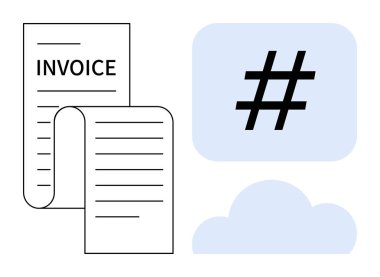 Meta veri etiketi simgesi ve dijital veri, iletişim, işlem süreçleri ve bulut depolamasını sembolize eden bir bulut ile birlikte fatura belgesi. Finans, teknoloji, iş araçları ve muhasebe için ideal
