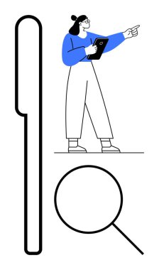 Elinde tablet tutan ve işaret eden bir kadın. Büyük boy arama ve büyüteç ikonlarıyla çerçevelenmiş. Teknoloji, araştırma, keşif, yenilik, takım çalışması, rehberlik, basit iniş sayfası için ideal