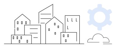 Soyut teçhizatlı ve bulut elementli kentsel binaların ana hatları. Yenilik, teknoloji, kentsel planlama, gelişme, bağlantı, modernleşme, sürdürülebilirlik için idealdir. Düz basit metafor