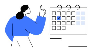 Vurgulanmış bir tarihi olan bir takvime bakan kadın figürü. Organizasyon, planlama, zaman yönetimi, programlama, verimlilik, teslim tarihleri, randevular için ideal. Düz basit metafor